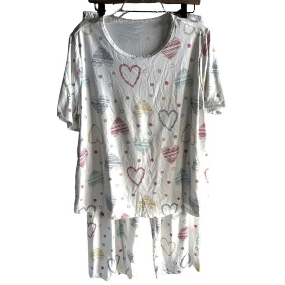 Women’s Plus1XL White Heart Print Short Sleeve Pajama Set Lounge Pants Set #D - Picture 2 of 6